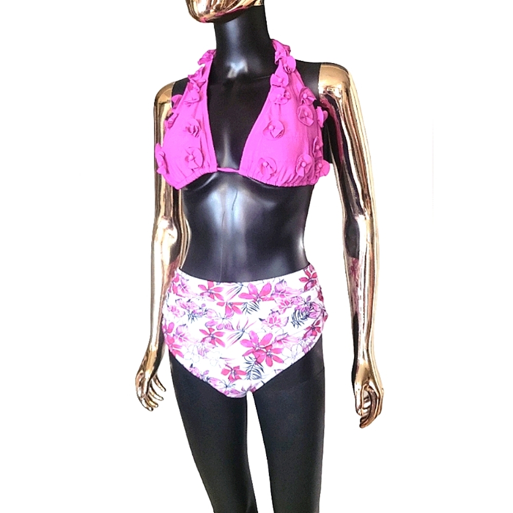 Pink Floral Bikini Set Swim Suit High Waist Ruched Design - Picture 5 of 11